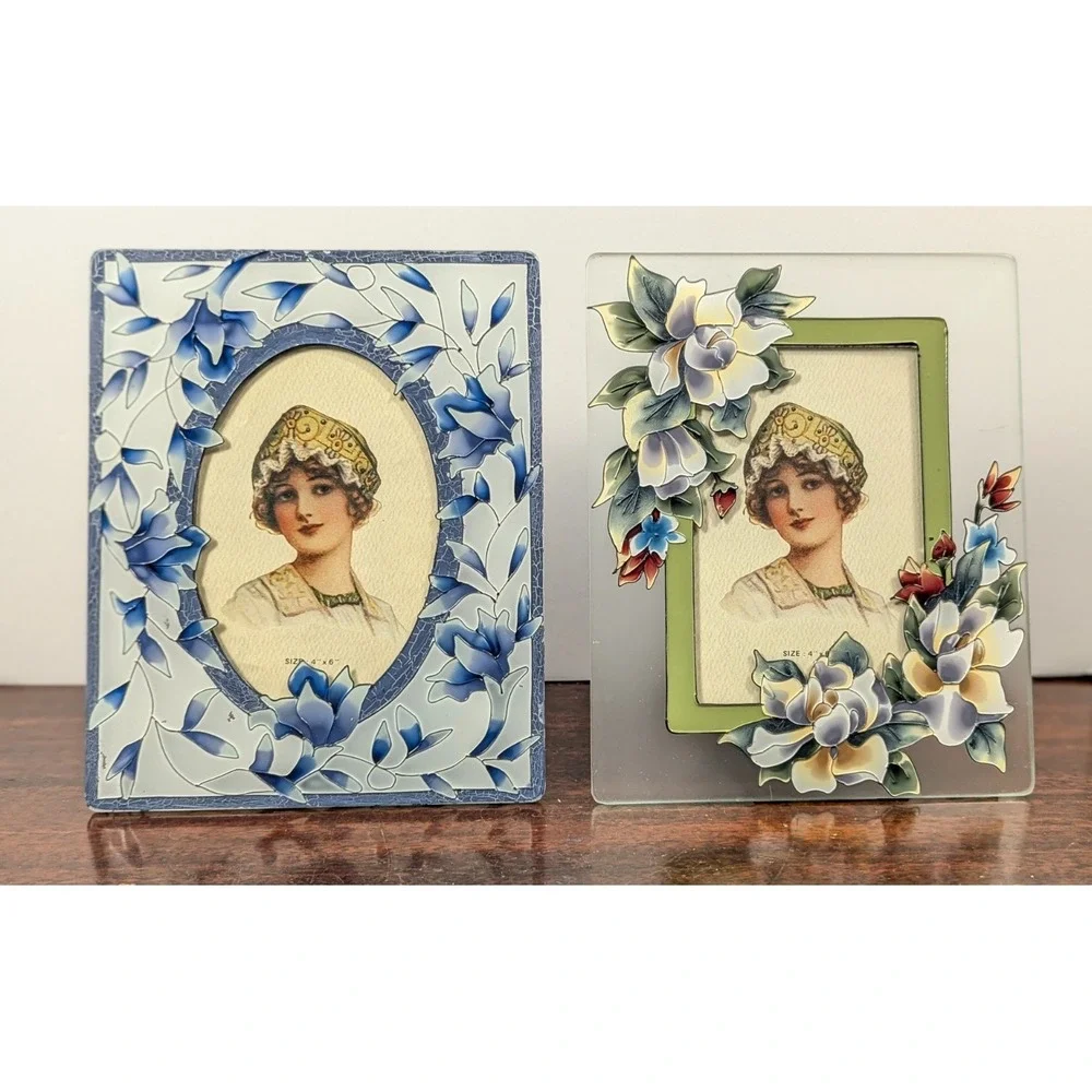 Vintage Floral Glass Picture Frame Lot 2 Hand Painted 4x6 Photo Frames Blue Whit
